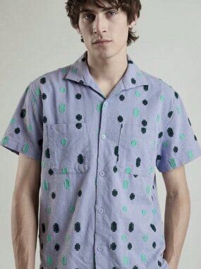 BDG Camp Collar Button Shirt Blue Green Clip Dot Size L NWT